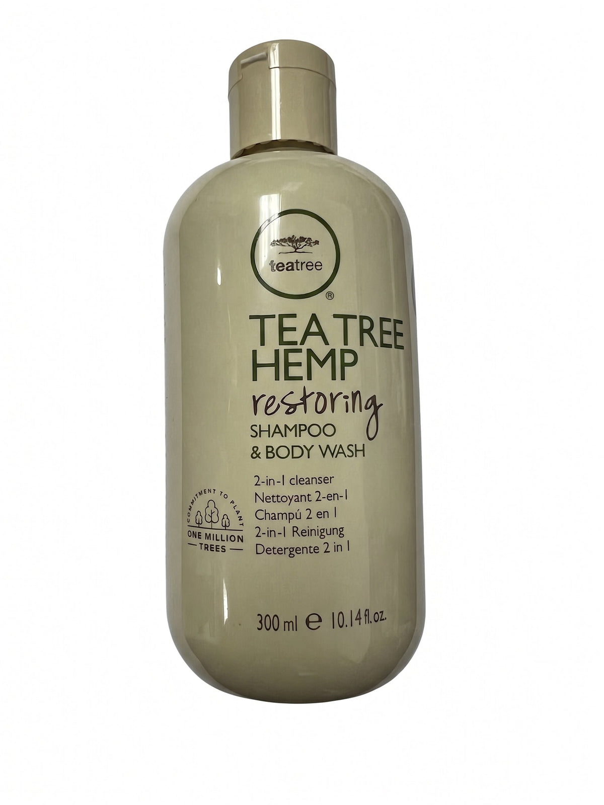 A 300 ml bottle of Tea Tree Hemp Rastening Shampoo & Body Wash by The Body Shop, shown against a plain white background.
